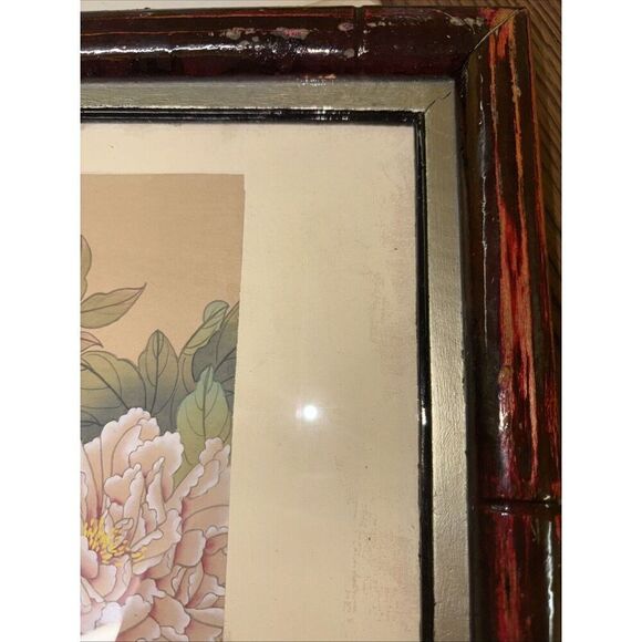 Vintage Framed Tang Peony Floral Art on Silk? Cloth Asian Chinese Flowers - Picture 7 of 8